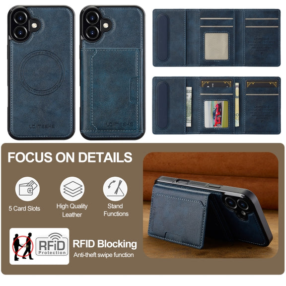 For iPhone 16 Plus LC.IMEEKE L5 Series Detachable RFID Card Bag Magsafe Phone Case(Blue)