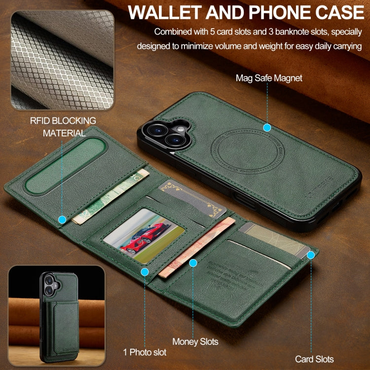 For iPhone 16 Plus LC.IMEEKE L5 Series Detachable RFID Card Bag Magsafe Phone Case(Green)