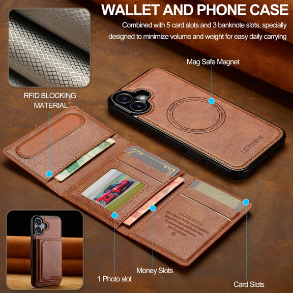 For iPhone 16 LC.IMEEKE L5 Series Detachable RFID Card Bag Magsafe Phone Case(Brown)