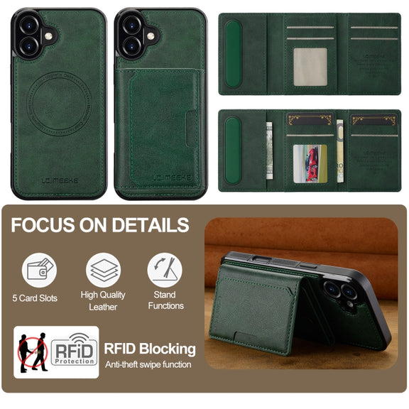 For iPhone 16 LC.IMEEKE L5 Series Detachable RFID Card Bag Magsafe Phone Case(Green)