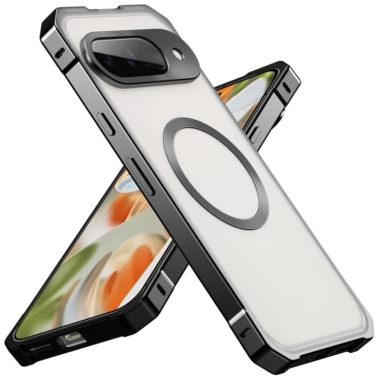 For Google Pixel 9 Irregular Alloy Frame Fosted Translucent MagSafe Phone Case(Black)