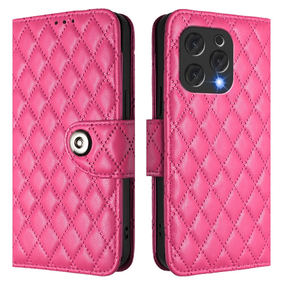 For Doogee N55 Plus Rhombic Texture Flip Leather Phone Case with Lanyard(Rose Red)