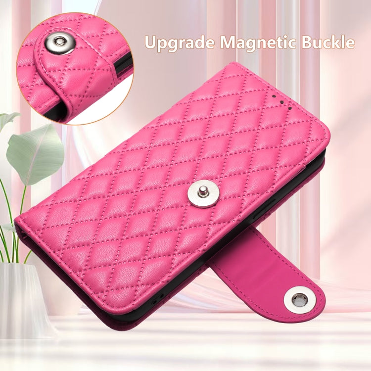 For Doogee N55 Plus Rhombic Texture Flip Leather Phone Case with Lanyard(Rose Red)