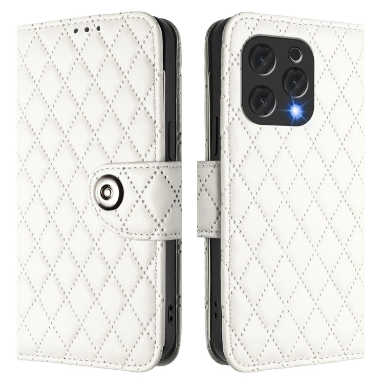 For Doogee N55 Plus Rhombic Texture Flip Leather Phone Case with Lanyard(White)