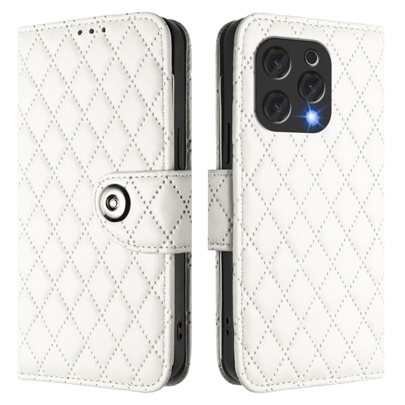 For Doogee N55 Plus Rhombic Texture Flip Leather Phone Case with Lanyard(White)