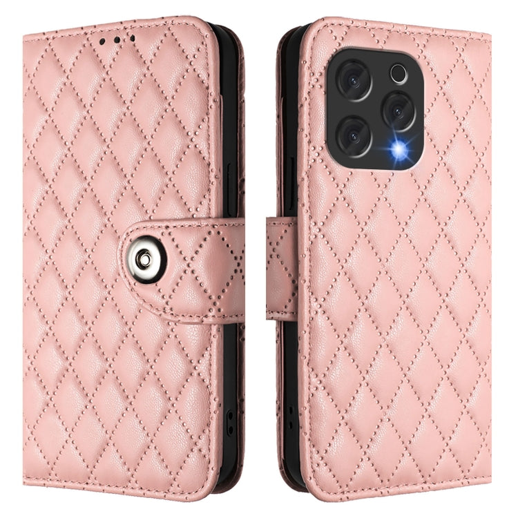 For Doogee N55 Plus Rhombic Texture Flip Leather Phone Case with Lanyard(Coral Pink)