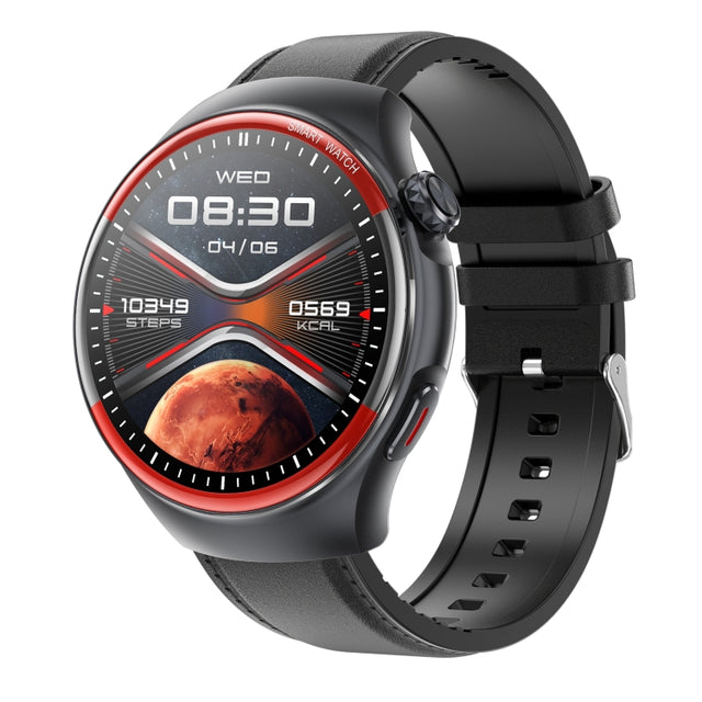 T82 1.43 inch Round Screen BT Call Smart Watch, Heart Rate / Blood Pressure / Blood Oxygen / Sleep / Blood Sugar / HRV / Metope / SOS, Strap:Leather Black