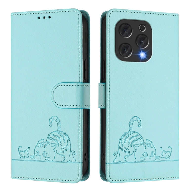 For Doogee N55 Plus Cat Rat Embossed Pattern RFID Leather Phone Case with Lanyard(Mint Green)