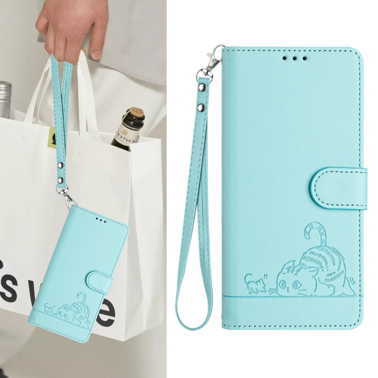 For Doogee N55 Plus Cat Rat Embossed Pattern RFID Leather Phone Case with Lanyard(Mint Green)