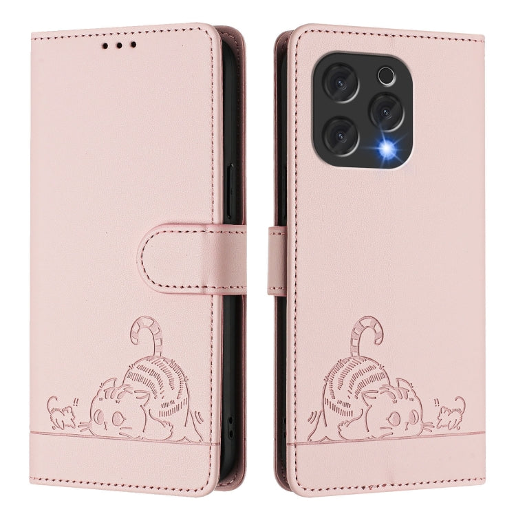 For Doogee N55 Plus Cat Rat Embossed Pattern RFID Leather Phone Case with Lanyard(Pink)