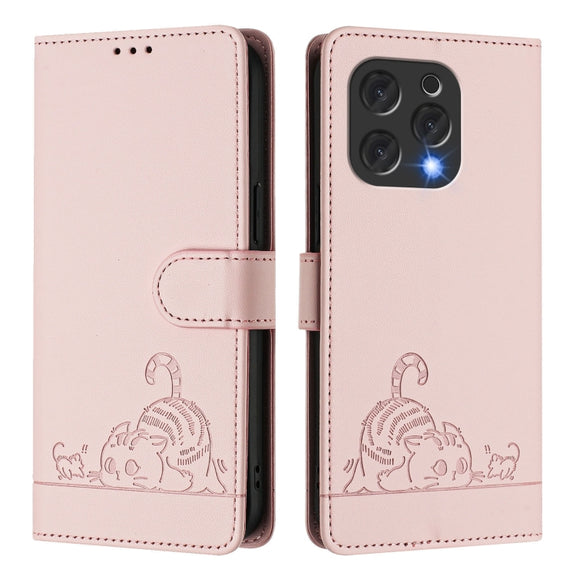For Doogee N55 Plus Cat Rat Embossed Pattern RFID Leather Phone Case with Lanyard(Pink)