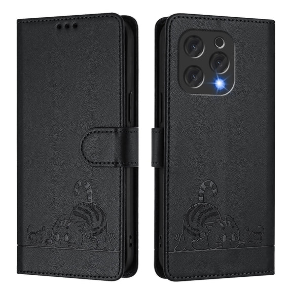 For Doogee N55 Plus Cat Rat Embossed Pattern RFID Leather Phone Case with Lanyard(Black)