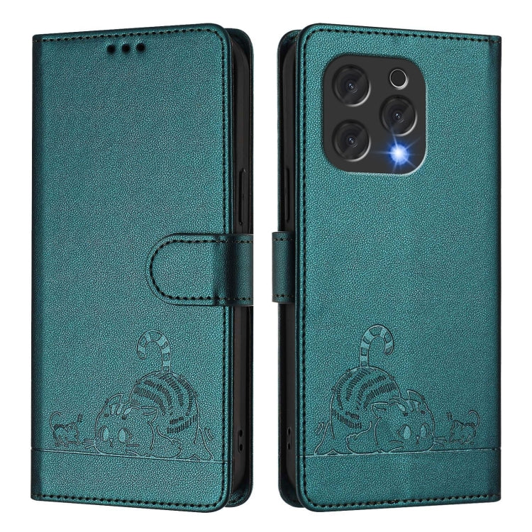 For Doogee N55 Plus Cat Rat Embossed Pattern RFID Leather Phone Case with Lanyard(Peacock Green)