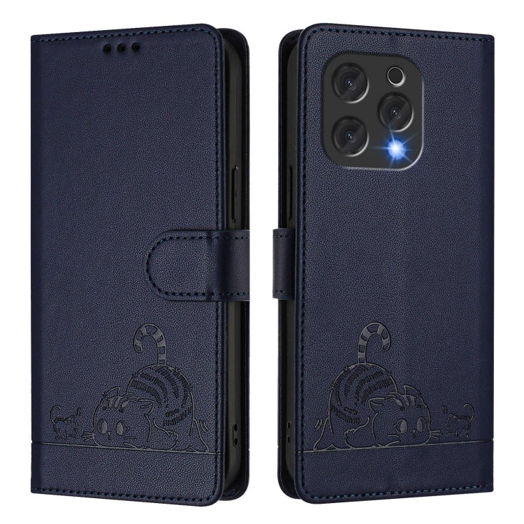 For Doogee N55 Plus Cat Rat Embossed Pattern RFID Leather Phone Case with Lanyard(Blue)