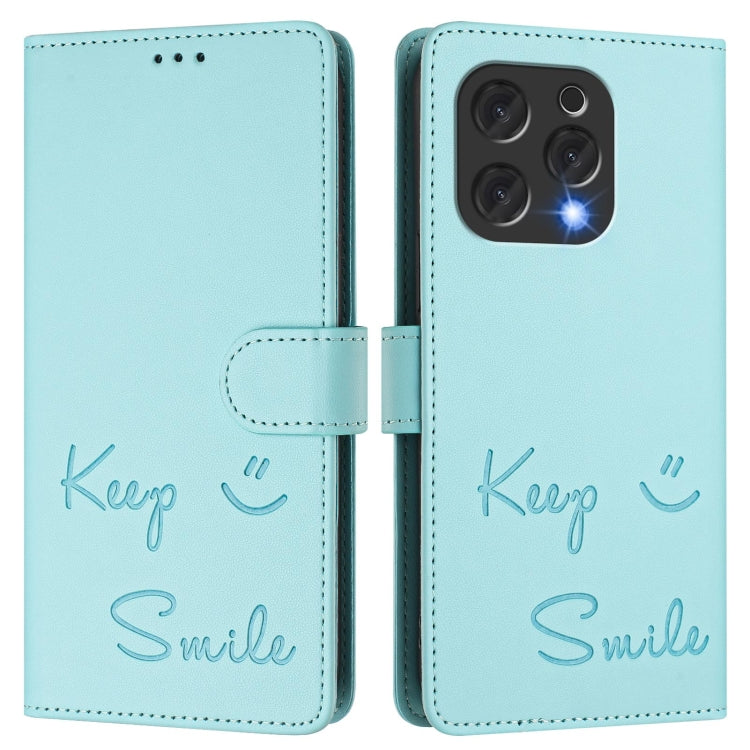 For Doogee N55 Plus Smile Embossing RFID Leather Phone Case(Mint Green)