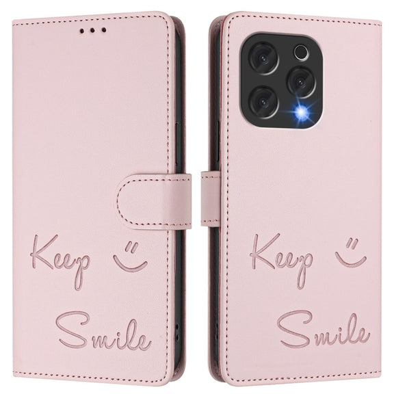 For Doogee N55 Plus Smile Embossing RFID Leather Phone Case(Pink)