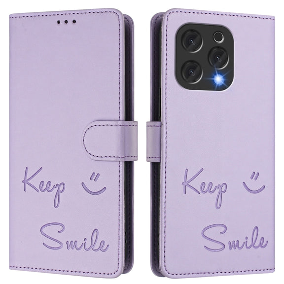 For Doogee N55 Plus Smile Embossing RFID Leather Phone Case(Light Purple)