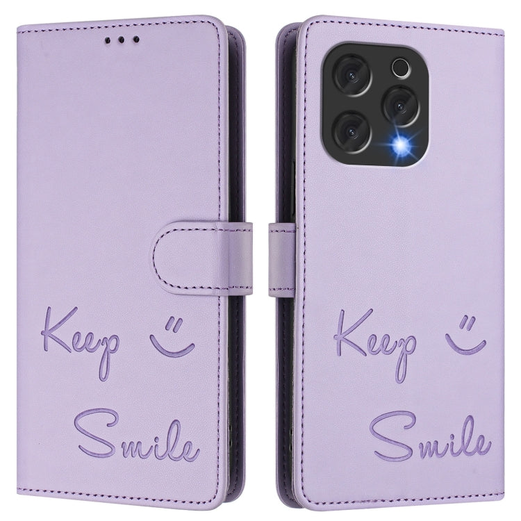 For Doogee N55 Plus Smile Embossing RFID Leather Phone Case(Light Purple)