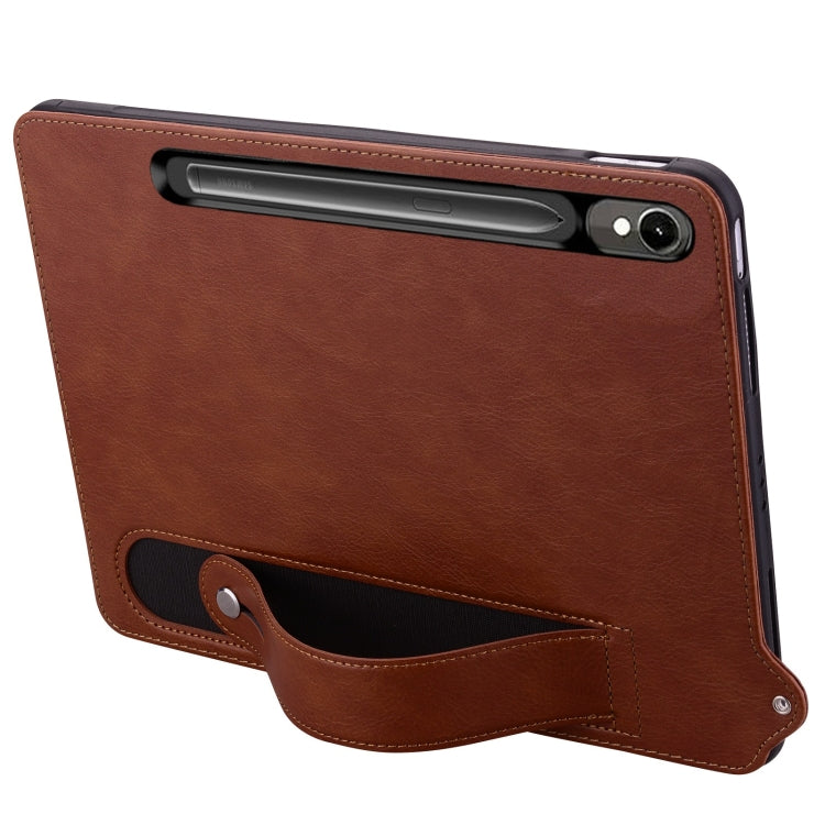 For Samsung Galaxy Tab S10 / S9 / S8 / S7 TPU Leather Back Tablet Case with Wristband(Brown)