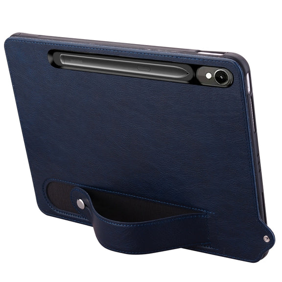 For Samsung Galaxy Tab S10 / S9 / S8 / S7 TPU Leather Back Tablet Case with Wristband(Dark Blue)