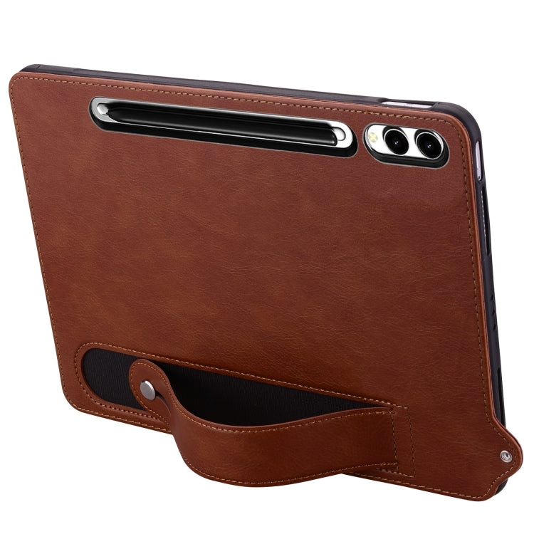 For Samsung Galaxy Tab S10+ / S9+ / S8+ TPU Leather Back Tablet Case with Wristband(Brown)