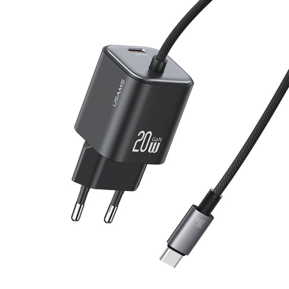 USAMS CC261 20W GaN Mini Type-C / USB-C Dual Port Fast Charger with Cable, EU Plug(Black)