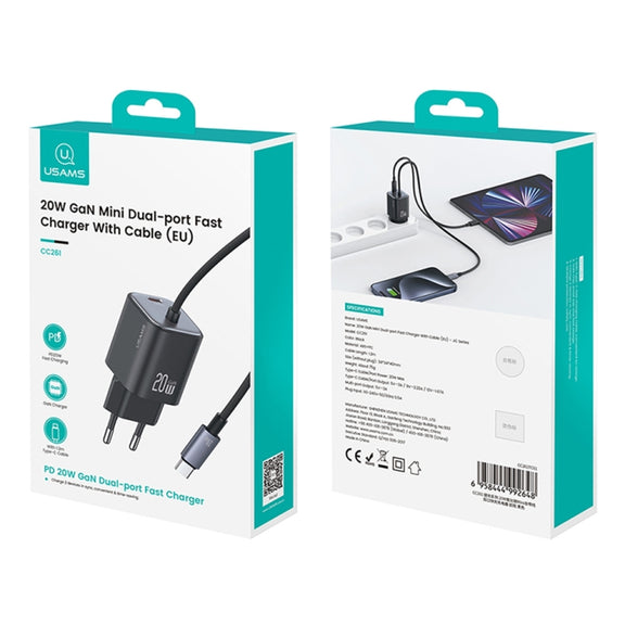 USAMS CC261 20W GaN Mini Type-C / USB-C Dual Port Fast Charger with Cable, EU Plug(Black)