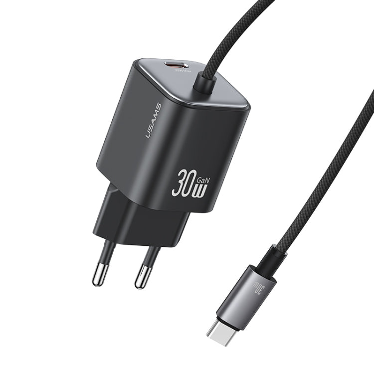 USAMS CC264 30W GaN Mini Type-C / USB-C Dual Port Fast Charger with Cable, EU Plug(Black)