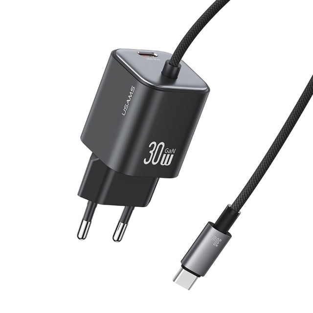 USAMS CC264 30W GaN Mini Type-C / USB-C Dual Port Fast Charger with Cable, EU Plug(Black)