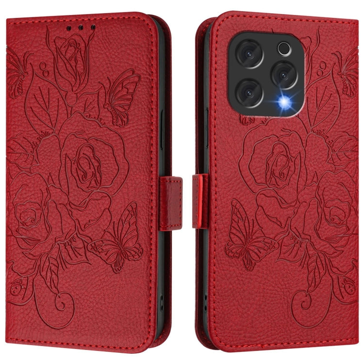 For Doogee N55 Plus Embossed Rose RFID Anti-theft Leather Phone Case(Red)