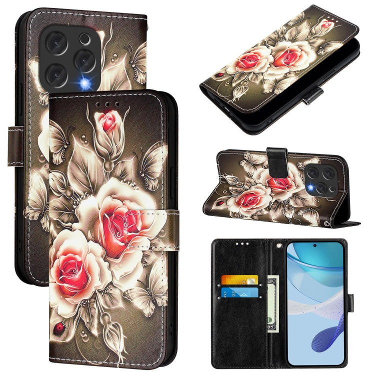 For Doogee N55 Plus Colored Drawing Pattern Plain Weave Leather Phone Case(Roses On Black)