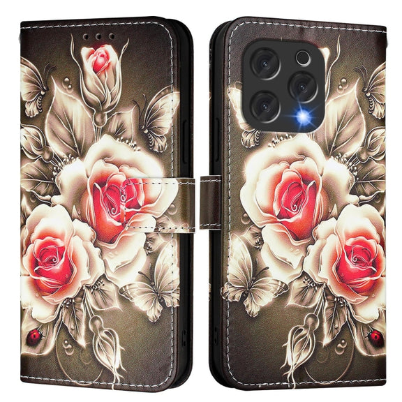 For Doogee N55 Plus Colored Drawing Pattern Plain Weave Leather Phone Case(Roses On Black)