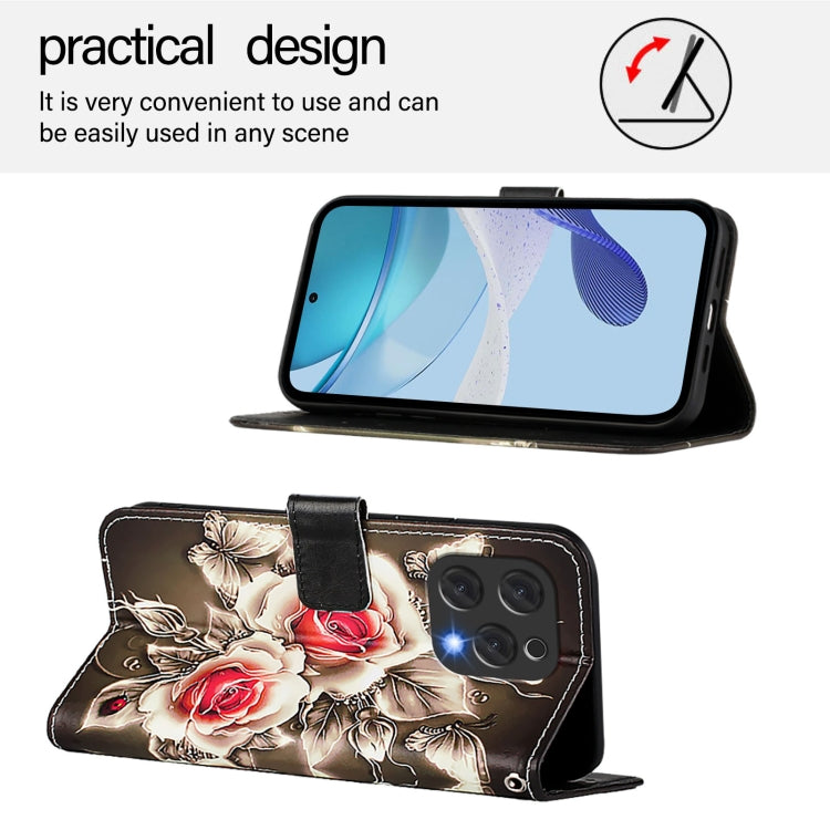 For Doogee N55 Plus Colored Drawing Pattern Plain Weave Leather Phone Case(Roses On Black)