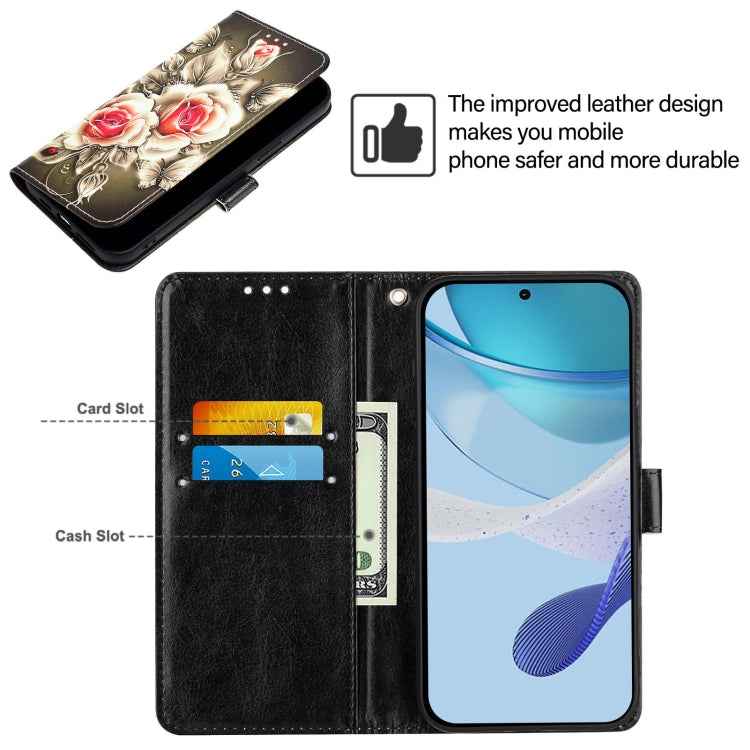 For Doogee N55 Plus Colored Drawing Pattern Plain Weave Leather Phone Case(Roses On Black)