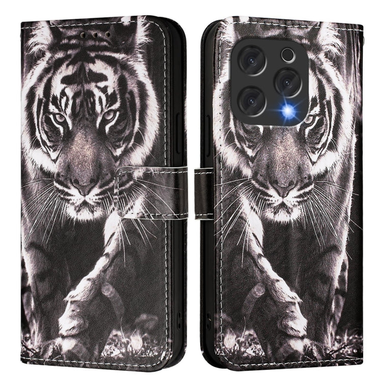 For Doogee N55 Plus Colored Drawing Pattern Plain Weave Leather Phone Case(Black And White Tiger)