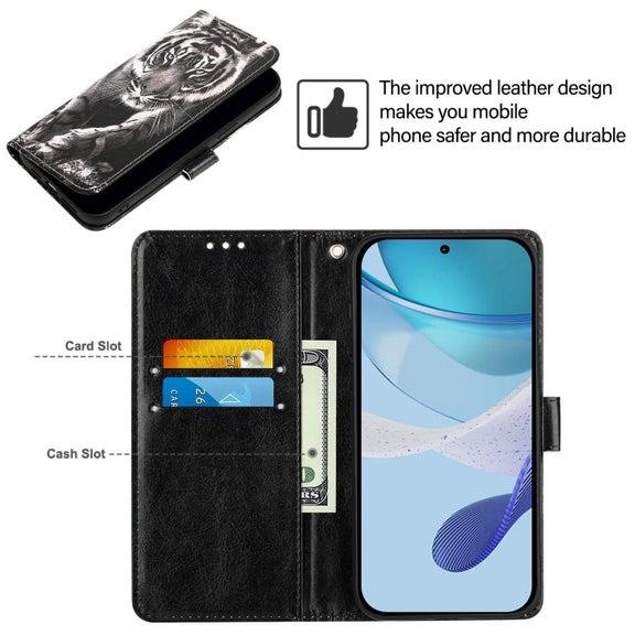 For Doogee N55 Plus Colored Drawing Pattern Plain Weave Leather Phone Case(Black And White Tiger)