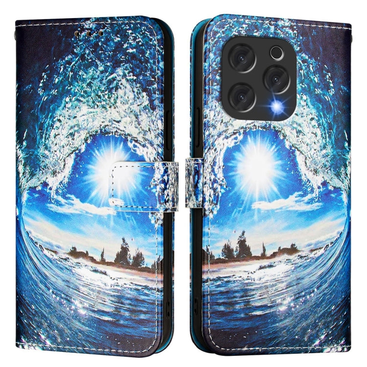 For Doogee N55 Plus Colored Drawing Pattern Plain Weave Leather Phone Case(Waves And Sun)