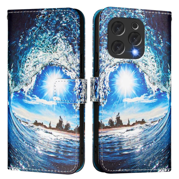 For Doogee N55 Plus Colored Drawing Pattern Plain Weave Leather Phone Case(Waves And Sun)