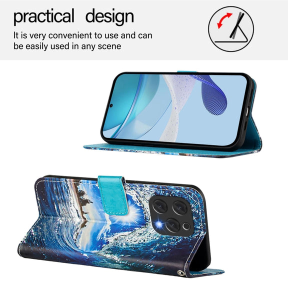 For Doogee N55 Plus Colored Drawing Pattern Plain Weave Leather Phone Case(Waves And Sun)