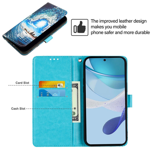 For Doogee N55 Plus Colored Drawing Pattern Plain Weave Leather Phone Case(Waves And Sun)