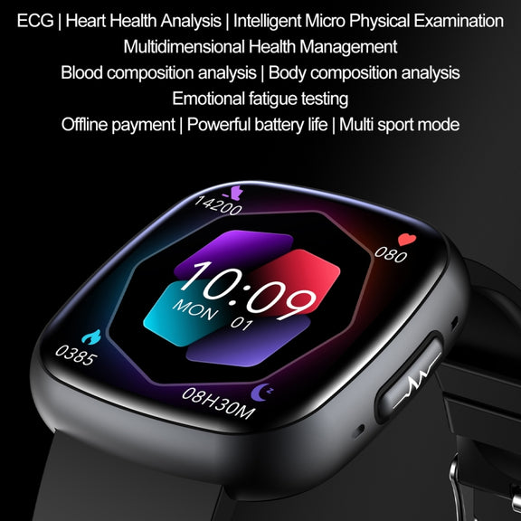 ET593 1.75 inch IPS Square Screen Smart Watch, ECG Electrocardiogram / Blood Sugar Monitoring(Black)