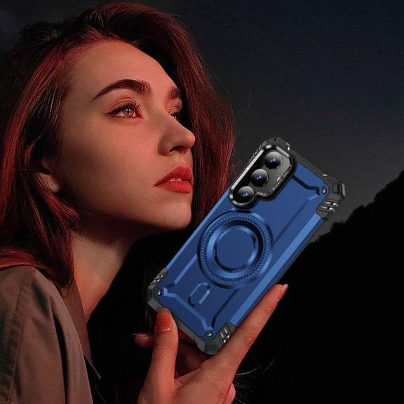 For Samsung Galaxy S25 5G Lens Holder MagSafe Phone Case(Blue)