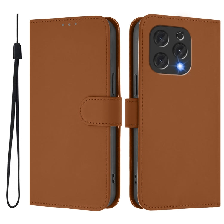 For Doogee N55 Plus Skin Feel Solid Color Leather Phone Case with Lanyard(Brown)