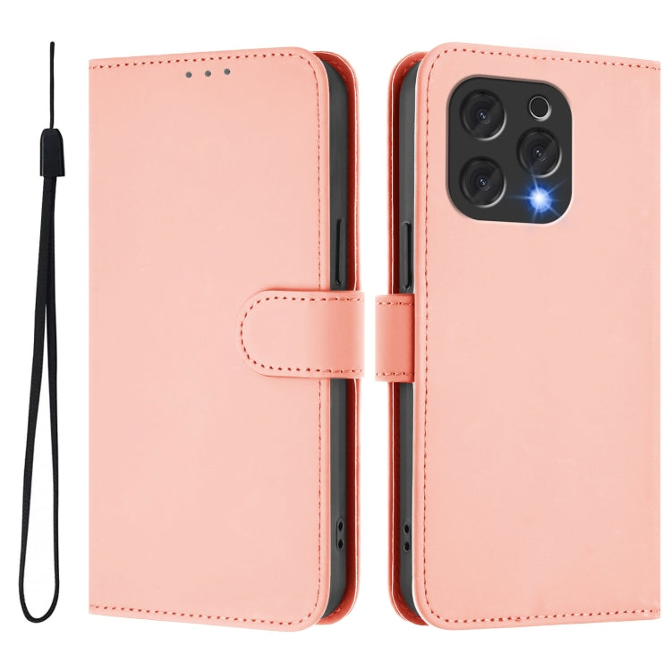 For Doogee N55 Plus Skin Feel Solid Color Leather Phone Case with Lanyard(Pink)