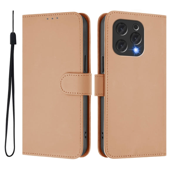 For Doogee N55 Plus Skin Feel Solid Color Leather Phone Case with Lanyard(Nude)