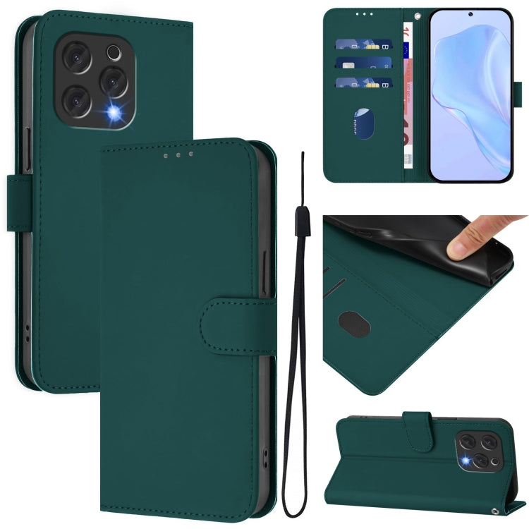 For Doogee N55 Plus Skin Feel Solid Color Leather Phone Case with Lanyard(Dark Green)
