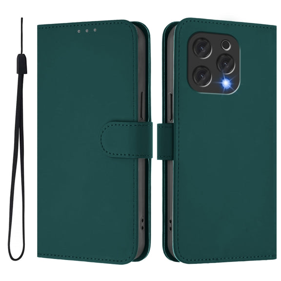 For Doogee N55 Plus Skin Feel Solid Color Leather Phone Case with Lanyard(Dark Green)