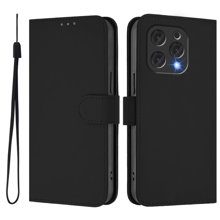 For Doogee N55 Plus Skin Feel Solid Color Leather Phone Case with Lanyard(Black)