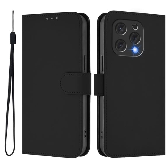 For Doogee N55 Plus Skin Feel Solid Color Leather Phone Case with Lanyard(Black)