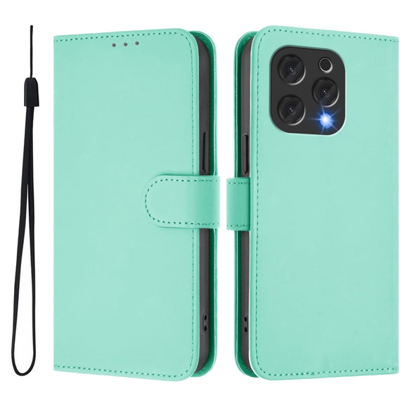 For Doogee N55 Plus Skin Feel Solid Color Leather Phone Case with Lanyard(Mint Green)